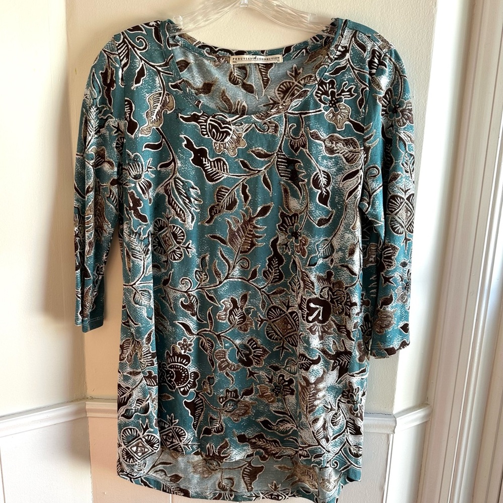 Peruvian Connection Teal and Brown Floral Blouse